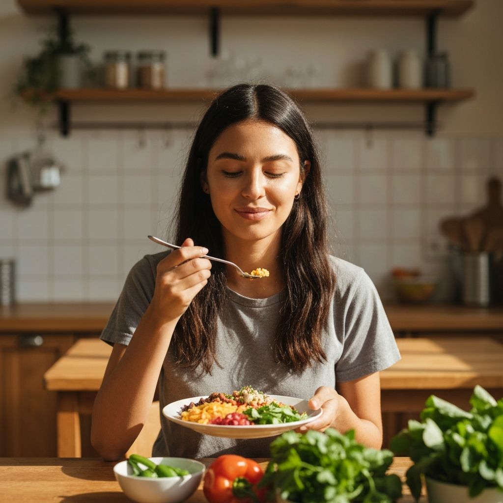 Person mindfully eating healthy food